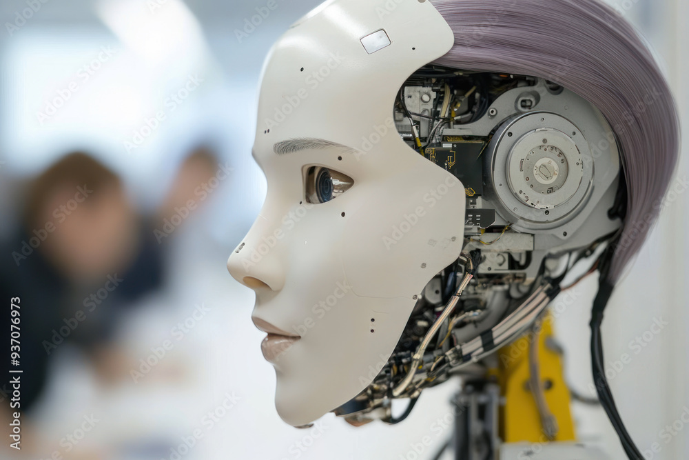 A robotic ai artificial intelligence with yellow accent as future technology