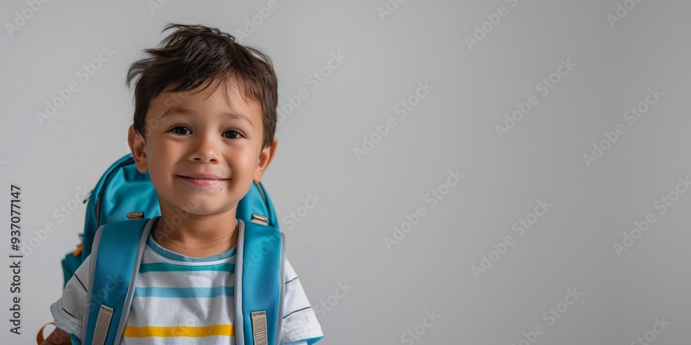 A child with a backpack smiling at the camera against a light gray background with space for text. Banner, web, or ad for the start of the school year, childhood, and education. A child with a backpack smiling at the camera against a light gray background with space for text. Banner, web, or ad for the start of the school year, childhood, and education.