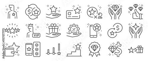 Royalty benefit icon set. It included award, benefit, bonus, incentive, and more icons. Editable Vector Stroke.
