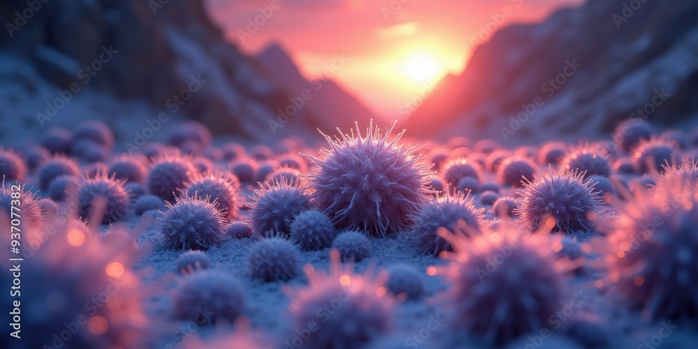 A stunning, surreal landscape featuring vibrant microscopic organisms illuminated by a sunset, perfect for science, biology, and abstract art themes.