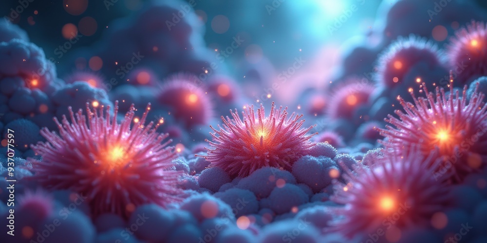 Fototapeta premium A stunning close-up view of vibrant, glowing microorganisms, perfect for illustrations in scientific research, biotechnology, or educational materials.