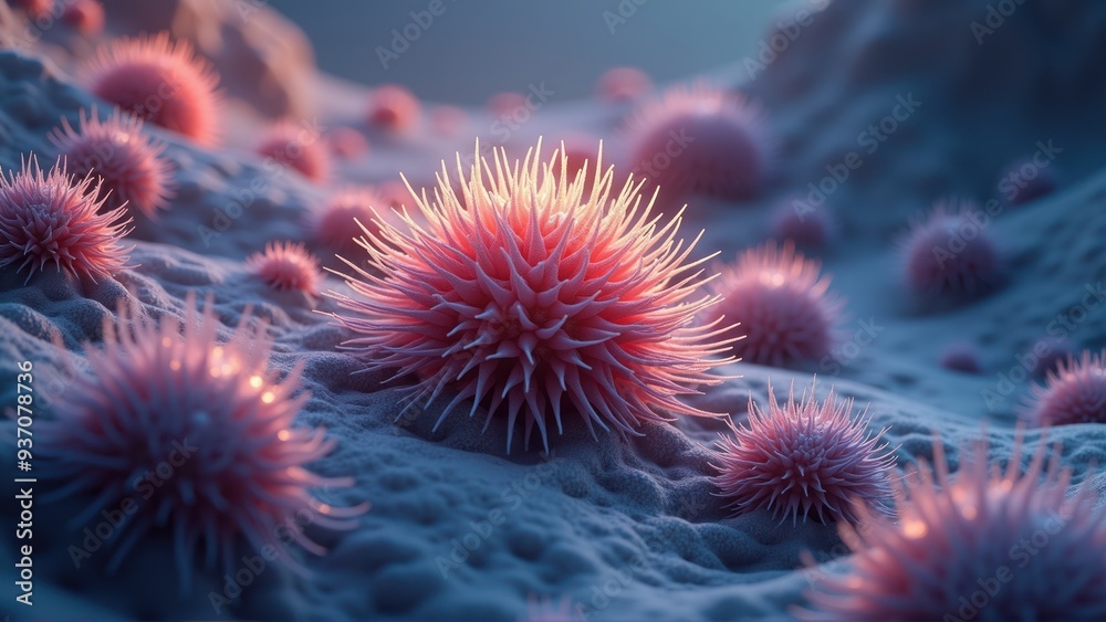 A stunning close-up of vibrant, spiky microorganisms, showcasing the intricate beauty of the microscopic world. Ideal for educational materials, scientific publications, and health-related content. A stunning close-up of vibrant, spiky microorganisms, showcasing the intricate beauty of the microscopic world. Ideal for educational materials, scientific publications, and health-related content.
