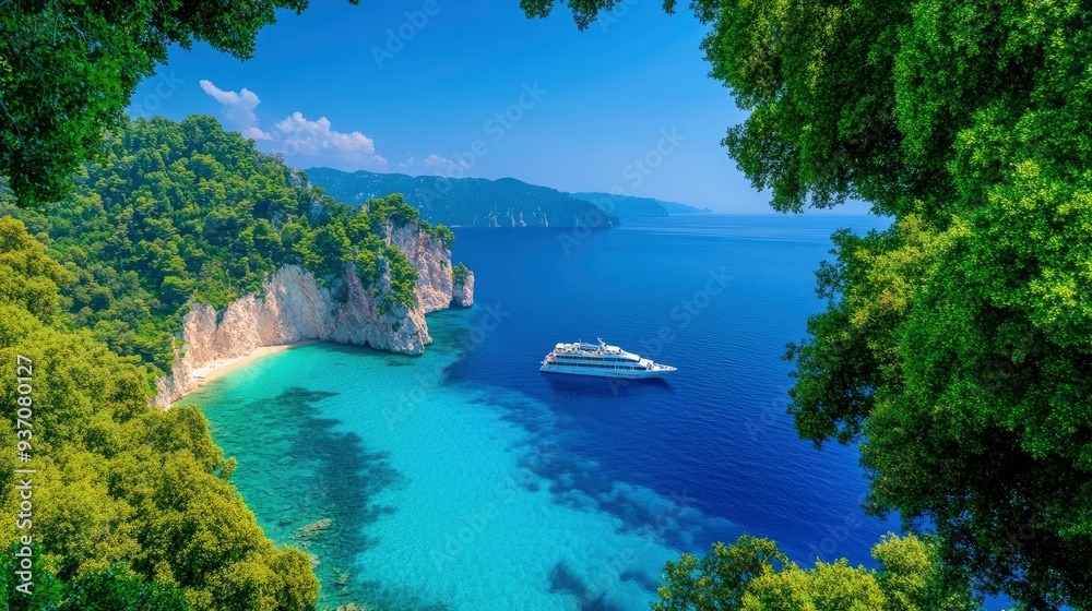 A luxury yacht anchored in a crystal-clear bay surrounded by cliffs A luxury yacht anchored in a crystal-clear bay surrounded by cliffs
