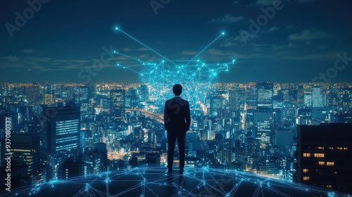 Man Looking at a Cityscape with Network Connections