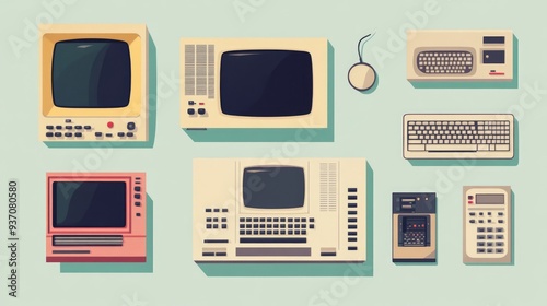 Vintage Computer Components in Flat Design Style