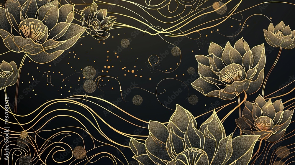 Chinese and Japanese Line Art on a Luxury Oriental Background with Golden Texture Chinese and Japanese Line Art on a Luxury Oriental Background with Golden Texture