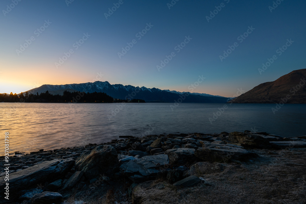 Dawn view from the lake shore of Queenstown, New Zealand. Dawn view from the lake shore of Queenstown, New Zealand.