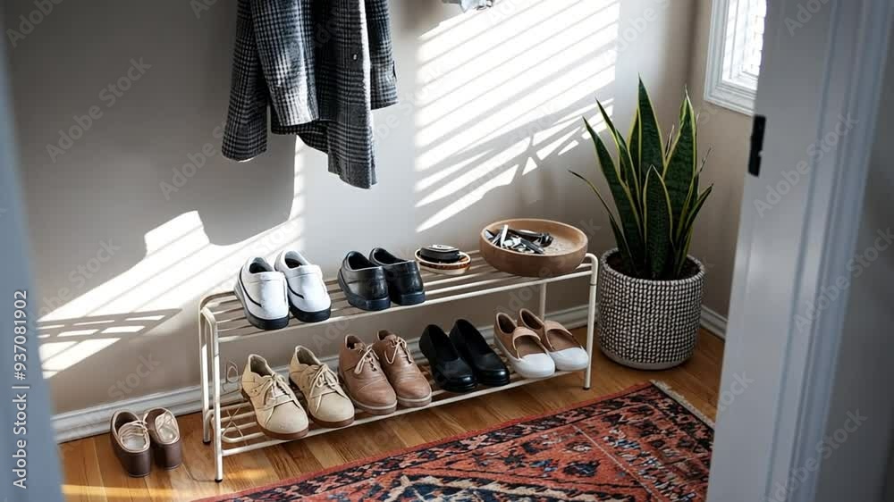 Welcoming video of a well-organized entryway featuring a stylish coat rack, a shoe organizer with neatly lined-up shoes, and a decorative bowl for keys and small items Welcoming video of a well-organized entryway featuring a stylish coat rack, a shoe organizer with neatly lined-up shoes, and a decorative bowl for keys and small items