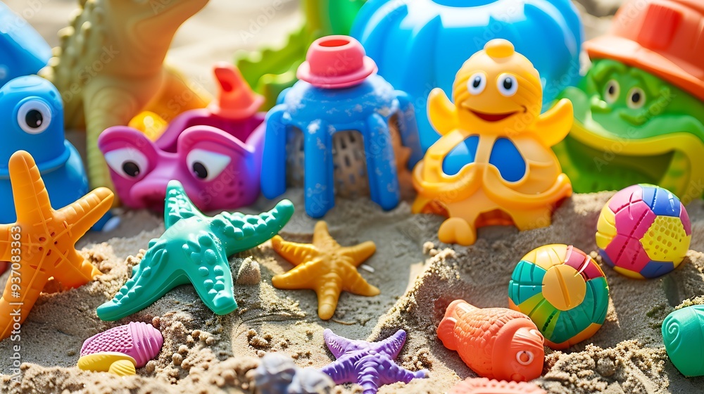 Obraz premium Multi colored set children toys for summer games in sandbox or on sandy beach