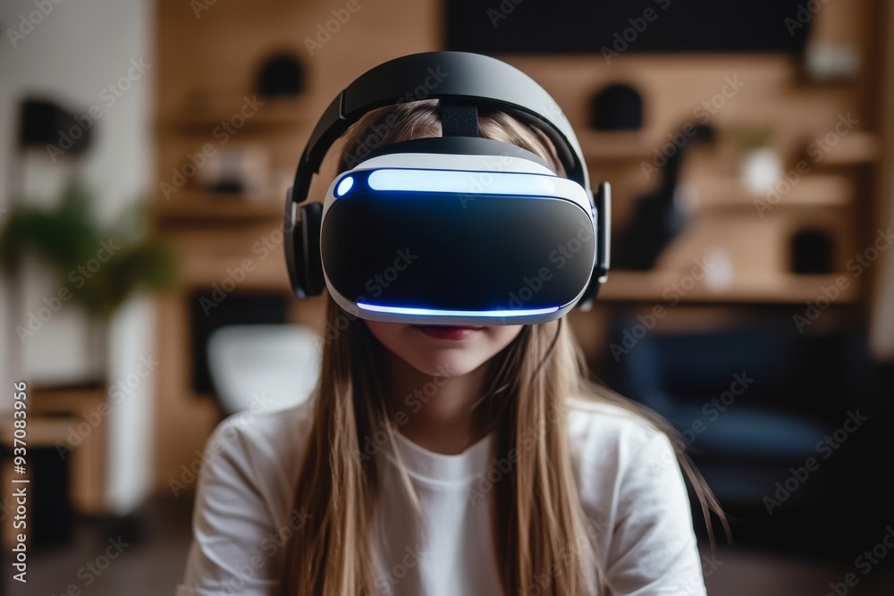 Young woman wearing a VR headset in a home setting illuminated by cool blue light representing the integration of modern technology into daily life and the future of entertainment