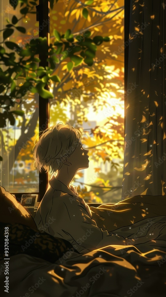 An older anime woman awakens to gentle sunlight filtering through a window filled with autumn leaves while resting comfortably in her bed An older anime woman awakens to gentle sunlight filtering through a window filled with autumn leaves while resting comfortably in her bed