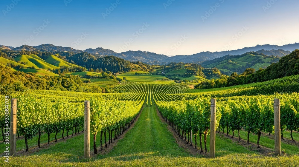 Fototapeta premium Vineyard Landscape with Rolling Hills Under Blue Sky