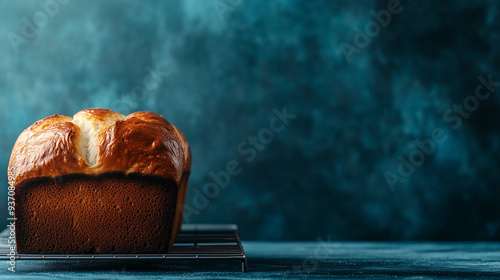 A warm, freshly baked loaf of brioche bread with a soft, buttery texture, placed on a cooling rack photo