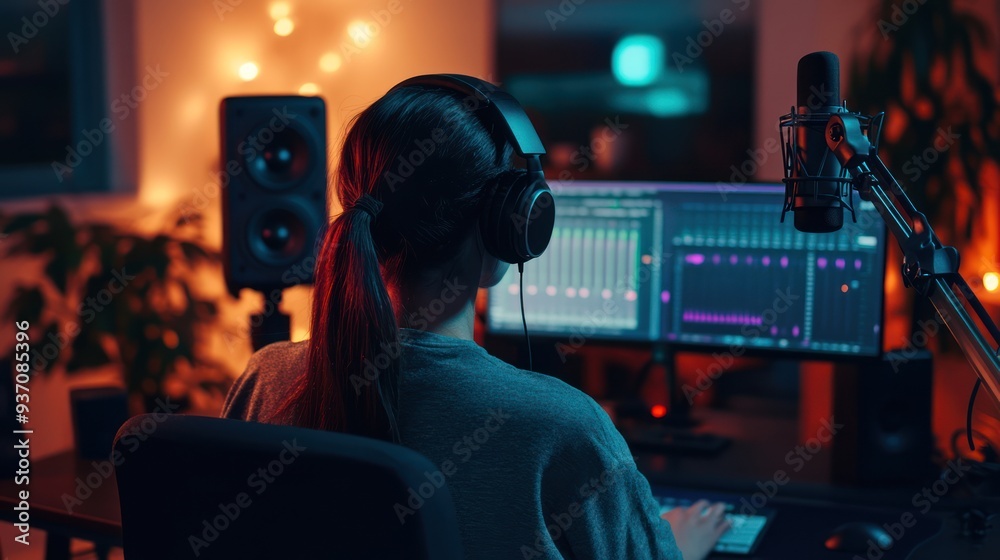 Woman in headphones sitting at computer with microphone and audio software Woman in headphones sitting at computer with microphone and audio software