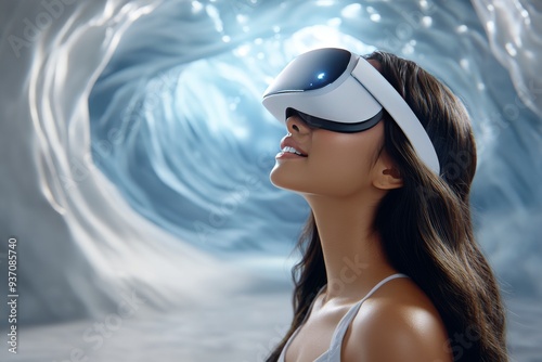 Woman with long hair wearing a futuristic VR headset set against a backdrop of swirling white clouds symbolizing the dreamlike and ethereal qualities of modern technology