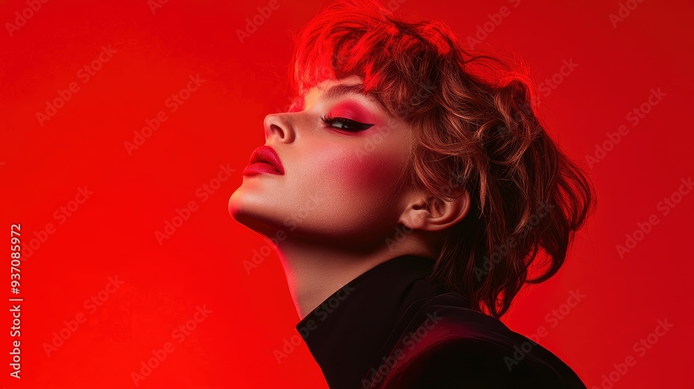 Fototapeta premium Fashion Portrait of Woman with Red Hair and Bold Makeup in a Studio Setting