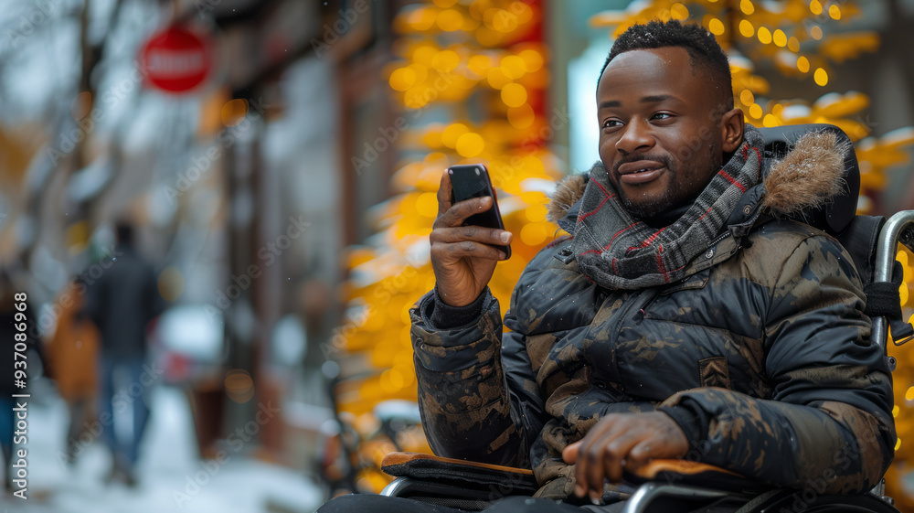 Fototapeta premium Man sitting in wheelchair talking on a cellphone,