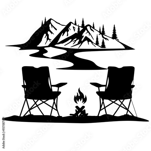 Camping | Camp Fire View | Nature Scene | Outdoor Scene | Camper | Camping Chairs | River Mountain Camping | Camper Dad | Original Illustration | Vector and Clipart | Cutfile and Stencil