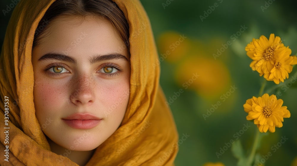 Woman in Yellow Headscarf with Flowers in the Background Woman in Yellow Headscarf with Flowers in the Background