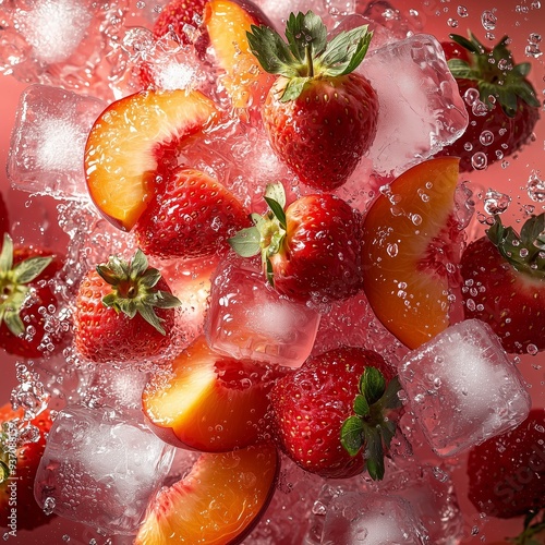 A vibrant mix of peach and strawberry slices with ice cubes colliding on a pinkish-orange background, with sweet splashes and fruity vibes