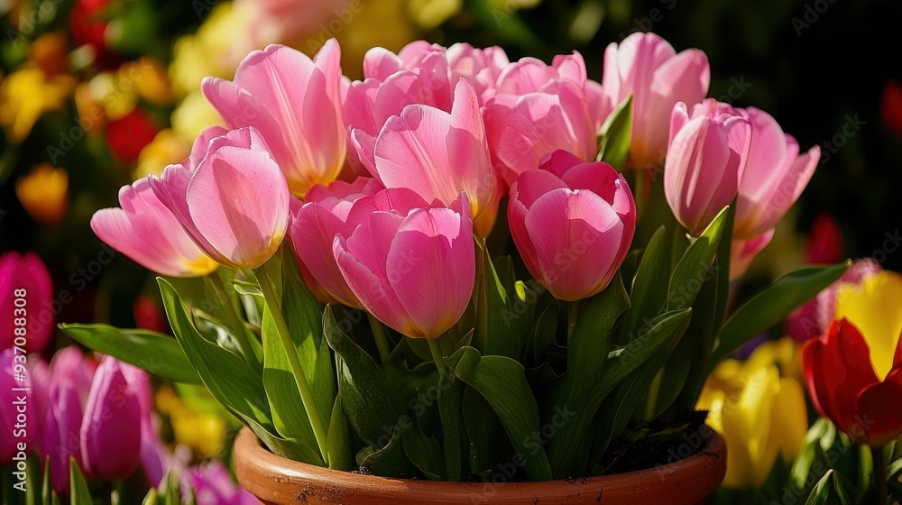 Fototapeta premium Pink Tulips in a Clay Pot