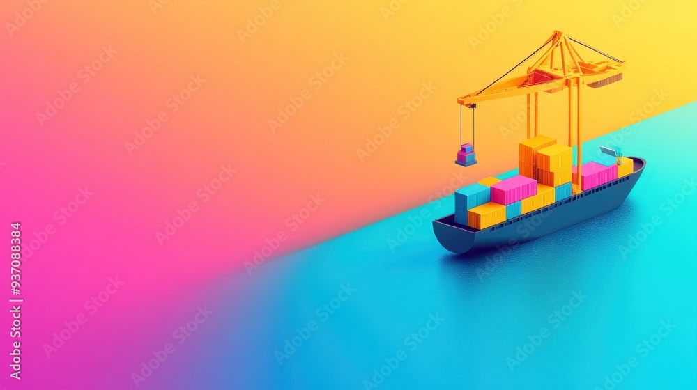 Obraz premium Futuristic AI-Powered Crane Loading Containers onto Ship - 3D Illustration with Copy Space for Text