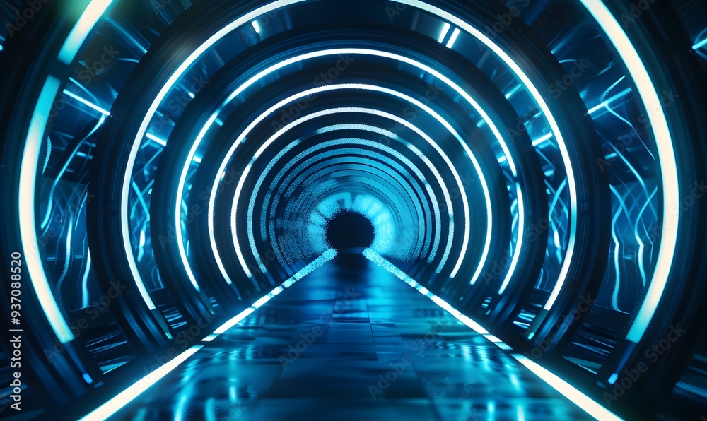 Fototapeta premium Abstract tunnel, corridor with rays of light and new highlights. Abstract blue background, neon. Scene with rays and lines, Round arch, light in motion, night view