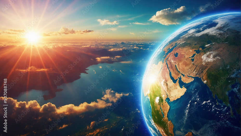 The Earth illuminated by the sun, resting on a rocky surface above the clouds. The Earth illuminated by the sun, resting on a rocky surface above the clouds.