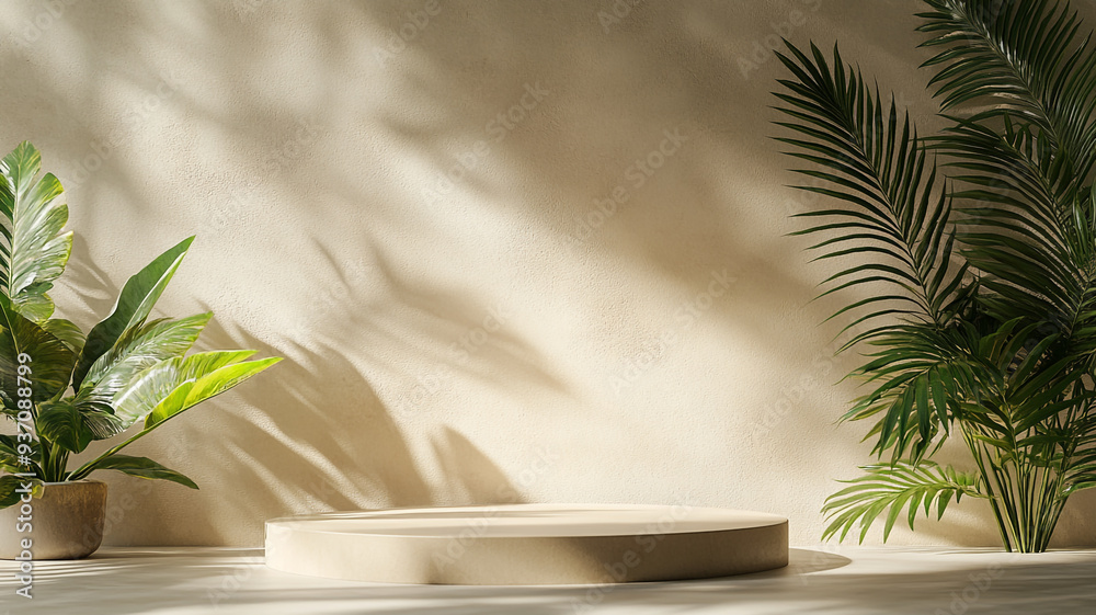 Modern indoor space with minimalistic design featuring greenery and a circular platform in soft natural light Modern indoor space with minimalistic design featuring greenery and a circular platform in soft natural light