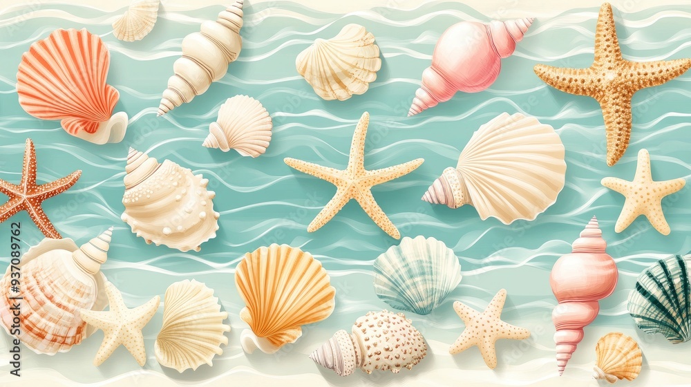 Seashells and Starfish on a Blue Ocean Background Seashells and Starfish on a Blue Ocean Background