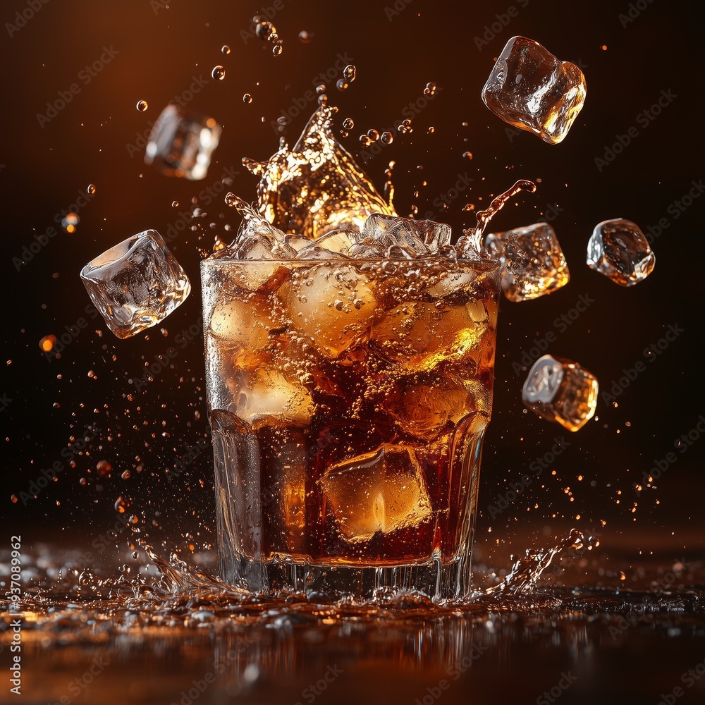 Cola and ice cubes crashing together on a dark brown background, with cola bubbles and splashes flying Cola and ice cubes crashing together on a dark brown background, with cola bubbles and splashes flying