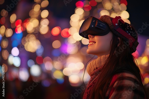 Woman in a vibrant city environment wearing a VR headset and surrounded by festive lights capturing the excitement and joy of immersive experiences during the holidays