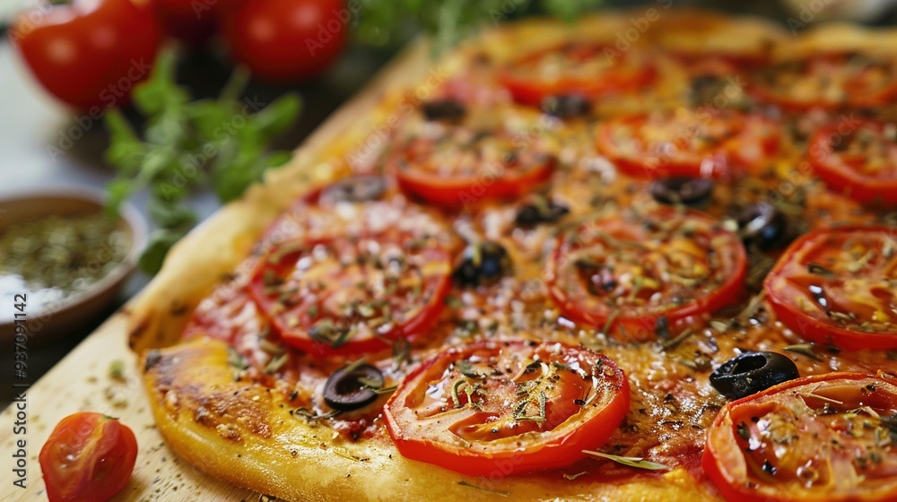 Transparent Background: Top View of Vegan Pizza Featuring Tomatoes and Olives Transparent Background: Top View of Vegan Pizza Featuring Tomatoes and Olives
