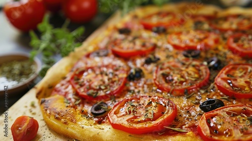 Transparent Background: Top View of Vegan Pizza Featuring Tomatoes and Olives