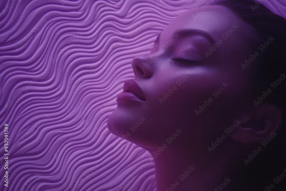 Close up of a woman with closed eyes and a serene expression with flowing lines in the background representing the peaceful and immersive qualities of modern technology Close up of a woman with closed eyes and a serene expression with flowing lines in the background representing the peaceful and immersive qualities of modern technology