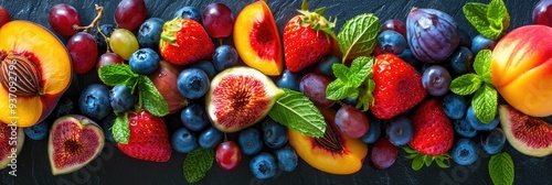 A vibrant assortment of fruits and berries arranged on a plate, creating a delicious and healthy vegetarian dessert with a rich variety including peaches, grapes, blueberries, strawberries, figs, and