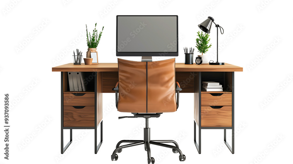 Stylish workplace with wooden desk and comfortable chair isolated on transparent background Stylish workplace with wooden desk and comfortable chair isolated on transparent background