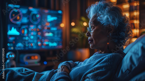 A smart home room with a smart bed, In the morning, Grandma gets up and sits on the bed. The TV screen displays sleep monitoring indicators and heart rate charts.