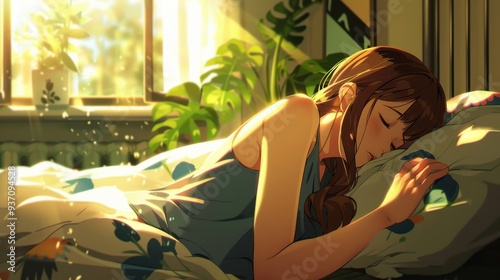 Sunlight filters through the window as a young woman stretches and begins her day in a warm, inviting bedroom