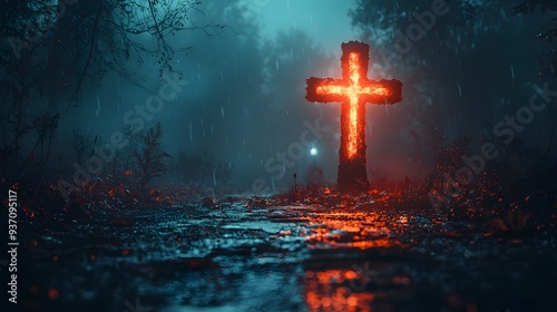 Glowing Cross in the Rain.