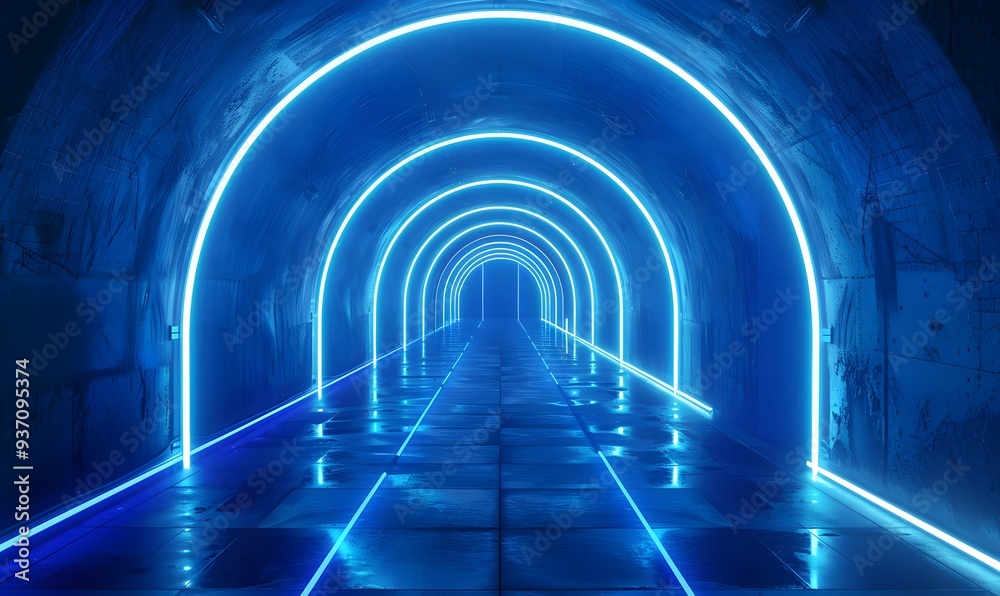 Abstract tunnel, corridor with rays of light and new highlights. Abstract blue background, neon. Scene with rays and lines, Round arch, light in motion, night view Abstract tunnel, corridor with rays of light and new highlights. Abstract blue background, neon. Scene with rays and lines, Round arch, light in motion, night view