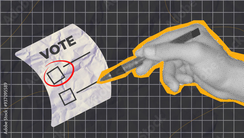 Halftone collage Voting illustration with modern design featuring hands and ballots. Ideal for election campaigns, voter registration drives, or political content