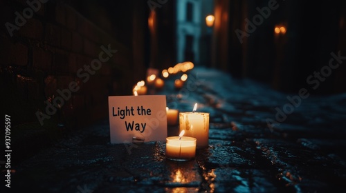 Photograph of a candlelight vigil in a dark alley, with text 