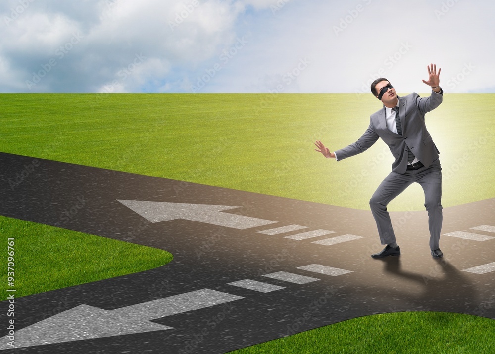 Young businessman at crossroads in uncertainty concept Young businessman at crossroads in uncertainty concept