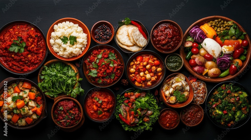 A Feast of Flavors A Diverse Array of Dishes in Bowls on Black Background A Feast of Flavors A Diverse Array of Dishes in Bowls on Black Background