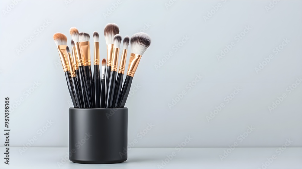 Elegant brush holder in matte black with a sleek glass display, showcasing a collection of vibrant paintbrushes. Soft shadows and minimalistic backdrop. Elegant brush holder in matte black with a sleek glass display, showcasing a collection of vibrant paintbrushes. Soft shadows and minimalistic backdrop.