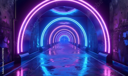 Abstract tunnel  corridor with rays of light and new highlights. Abstract blue background  neon. Scene with rays and lines  Round arch  light in motion  night view