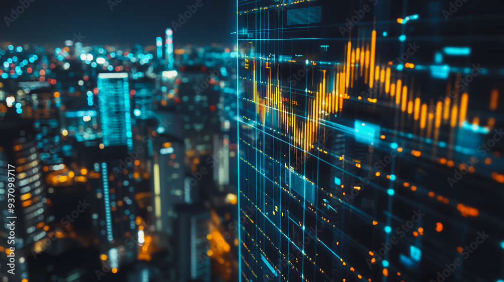 Obraz premium Abstract business team stands on the peak of success amid tall, innovative Smart city and graphs with statistics to analyze business potential and predict future developments in company growth.