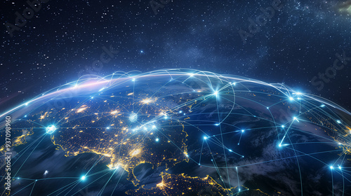 Digital global network connections visualized over illuminated earth at night