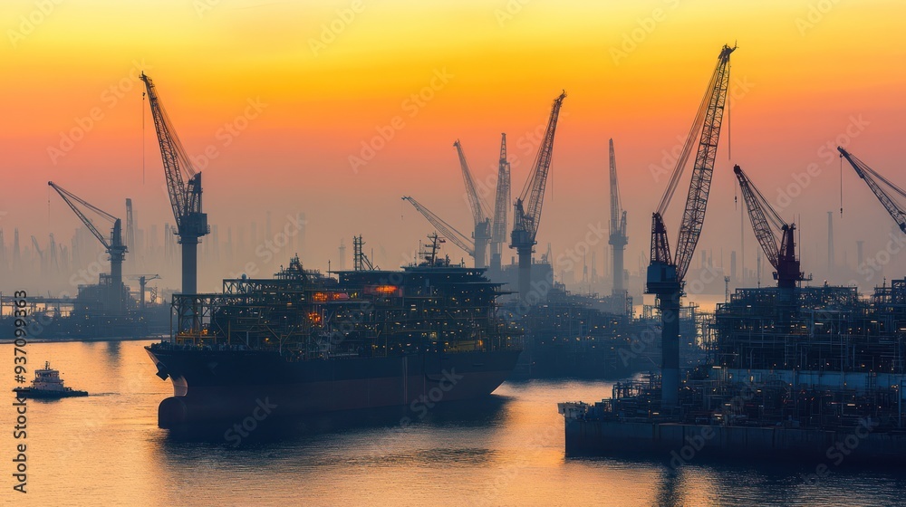 Silhouetted Ship and Cranes at Sunset Silhouetted Ship and Cranes at Sunset